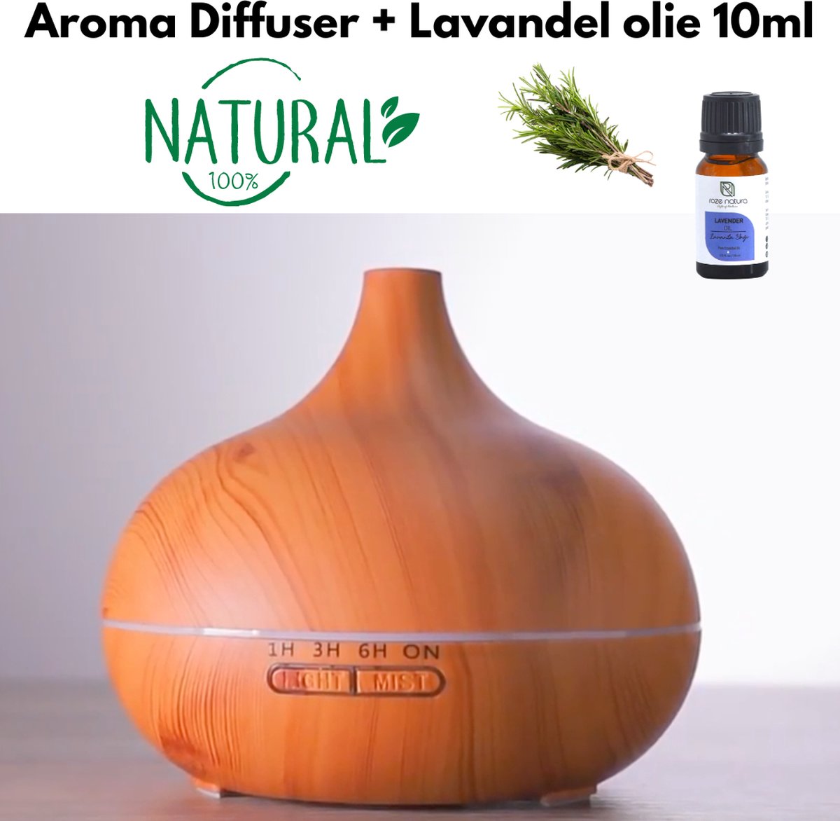 Geurverspreider - Aroma Diffuser - Luchtbevochtiger - LED - Incl. 1x Etherische Olie - Lichtbruin