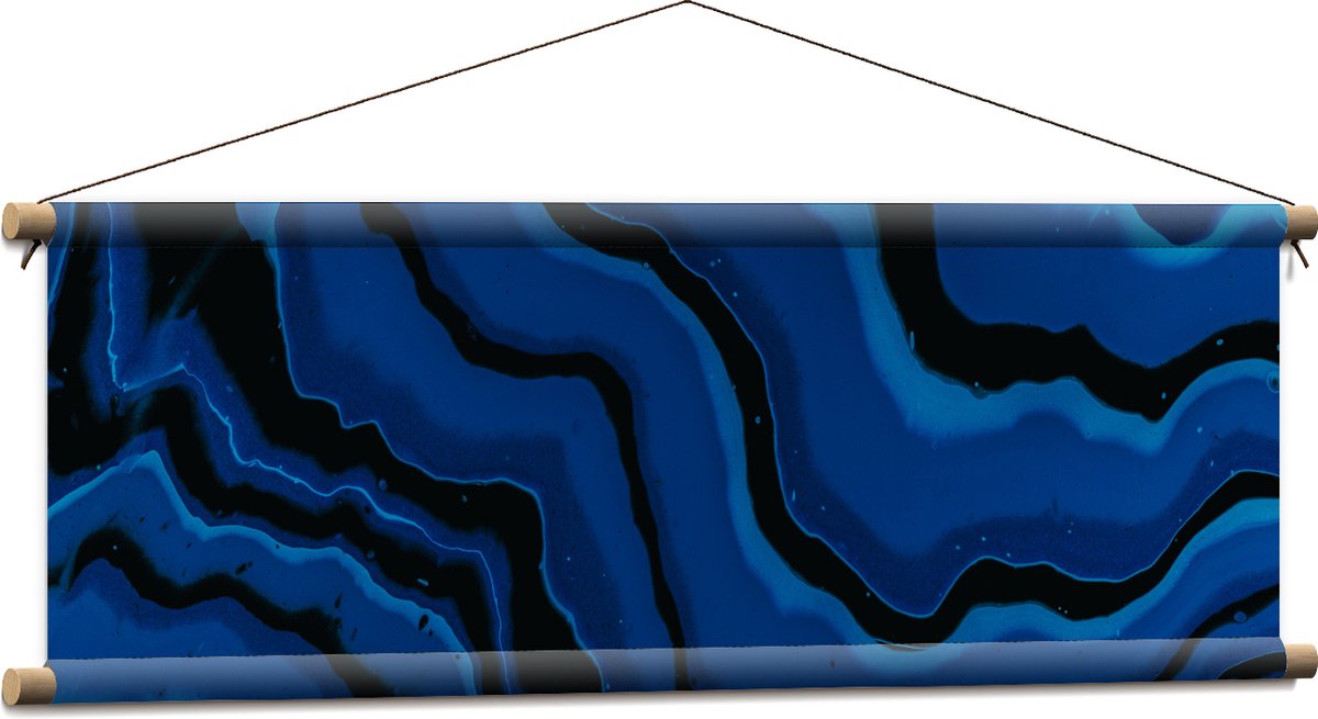 Textielposter - Zwarte en Blauwe Banen Verf - 90x30 cm Foto op Textiel