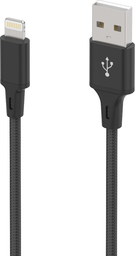 Câble de chargement noir tressé en nylon, USB vers Lightning. Connecteurs métalliques avec symbole USB sur le connecteur le plus grand.