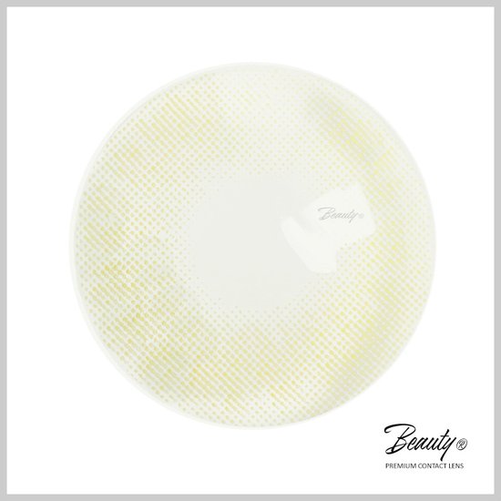 Een enkele groene contactlens met een rasterpatroon in geel-groen. De lens ligt op een witte ondergrond. Logo Beauty® Premium Contact Lens.