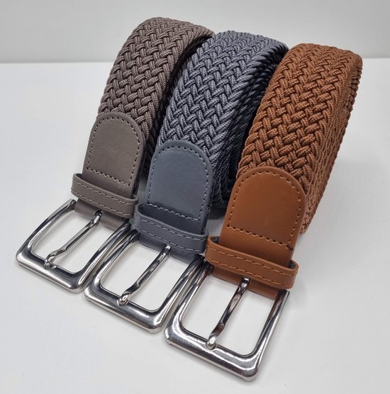 3 pack deal - XXL - Extra lang - 130 cm - Elastische broekriem Stretch riem Vlecht riem Gevlochten riem Elastiek riem - unisex - Kleur 1-Bruin 2-Grijs 3-Kaki