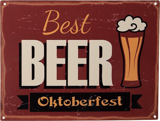 Clayre & Eef Tekstbord 33x25 cm Rood Ijzer Best Beer Oktoberfest Wandbord