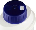 Gedetailleerde close-up van de blauwe, gekartelde dop van een wit DeLonghi waterfilter.