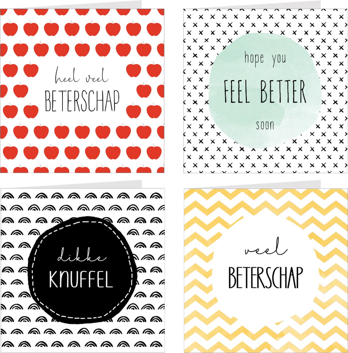 4x Beterschapskaarten / wenskaarten / set kaarten en enveloppen | Beterschap & Knuffel