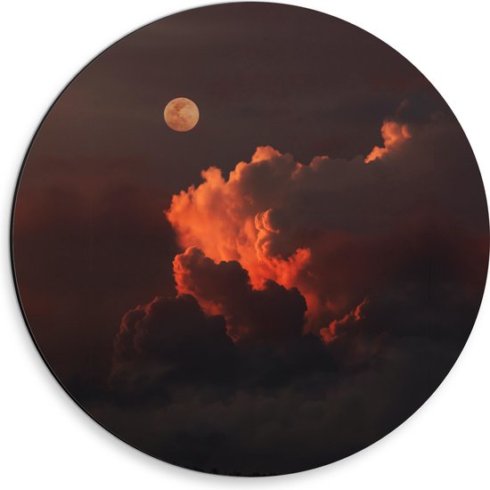 Dibond Muurcirkel - Maan bij Wolken - 30x30 cm Foto op Aluminium Muurcirkel (met ophangsysteem)