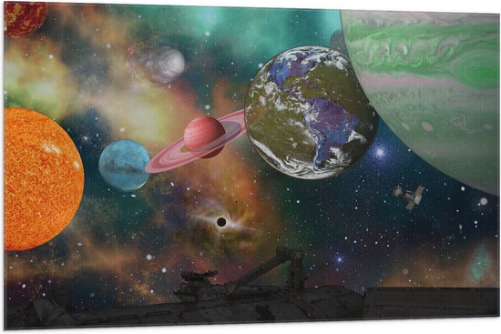Vlag - Alle Planeten van het Universum vanaf Ruimteschip - 105x70 cm Foto op Polyester Vlag