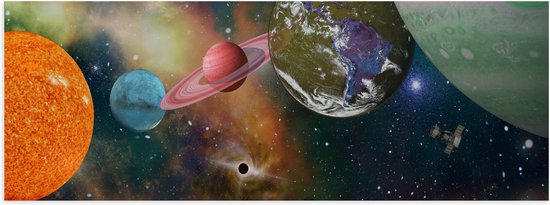Poster Glanzend – Alle Planeten van het Universum vanaf Ruimteschip - 120x40 cm Foto op Posterpapier met Glanzende Afwerking