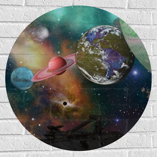Muursticker Cirkel - Alle Planeten van het Universum vanaf Ruimteschip - 70x70 cm Foto op Muursticker