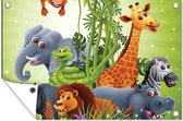 Tuinposter - Tuindoek - Tuinposters buiten - Jungle dieren - Planten - Kinderen - Olifant - Giraf - Leeuw - 120x80 cm - Tuin
