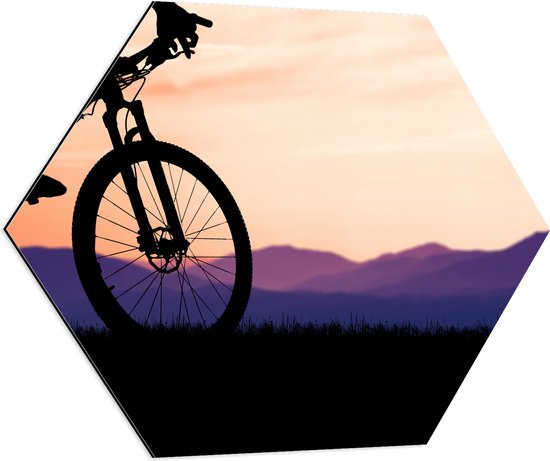 Dibond Hexagon - Silhouet van Persoon op Mountainbike Fietsend door Berggebied - 70x60.9 cm Foto op Hexagon (Met Ophangsysteem)