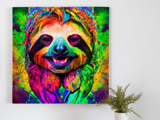 Languidly colorful sloth | Languidly Colorful Sloth | Kunst - 40x40 centimeter op Canvas | Foto op Canvas - wanddecoratie schilderij