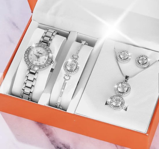 Horlogebox voor dames - geschenkdoos - cadeau set met horloge - oorbellen - ketting - ring - armband - valentijn cadeautje voor haar - zilver