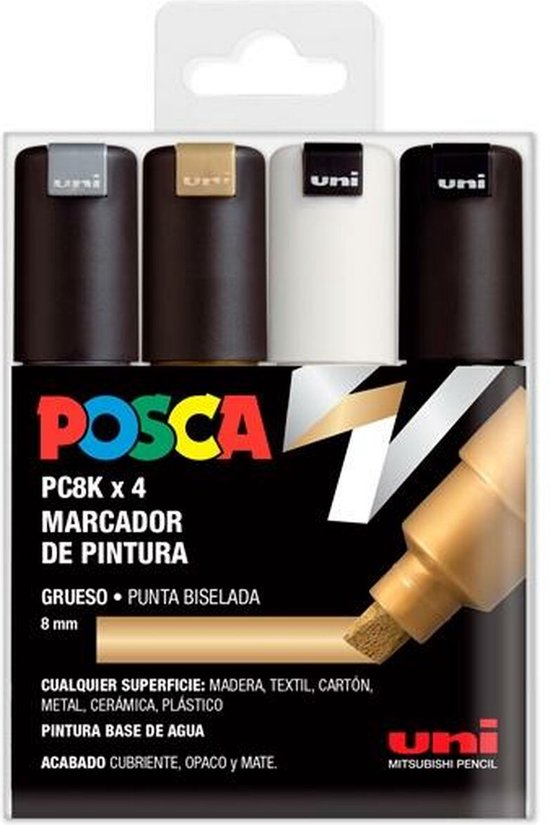 UNI Posca Set PC 8K GSWB, verpakking met 4 viltstiften