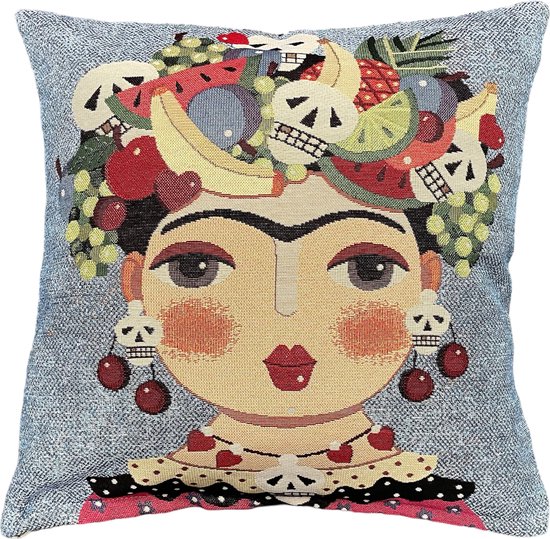 Kussenhoes - Luxe Gobelinstof - Frida Kahlo - Blauw - Grijs - fruit en doodshoofd in haarband - 45 x 45 cm