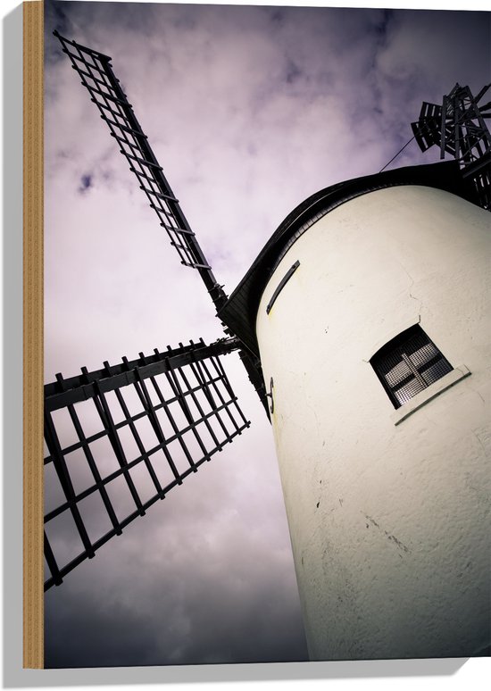 Hout - Onderaanzicht van Witte Windmolen - 40x60 cm - 9 mm dik - Foto op Hout (Met Ophangsysteem)