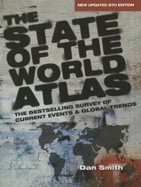 Boekomslag van "The State of the World Atlas", 8e editie. Zwarte letters met spuitverf-effect op een grijze bakstenen muur. Wereldkaart in het midden.