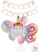 Eenhoorn Unicorn Sweet Color Feestpakket inclusief DIY Happy Birthday Slinger - Snoes - Cijfer Ballon 8 Jaar - Roze - Wit - Pastel