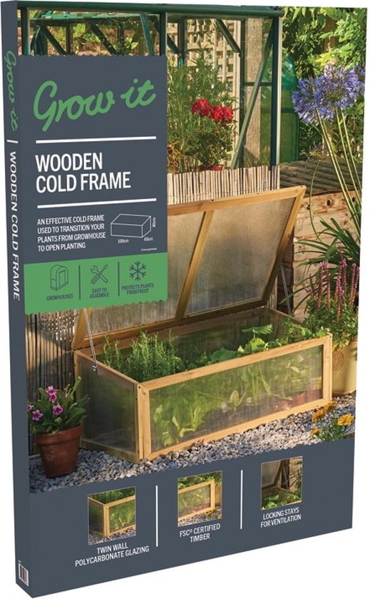 Doos van de 'Grow it' houten koude bak met afbeelding van de bak en groene planten.