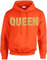 Koningsdag sweater met capuchon-Queen oranje glitter goud-Koningsdag kleding-Dames-Maat S