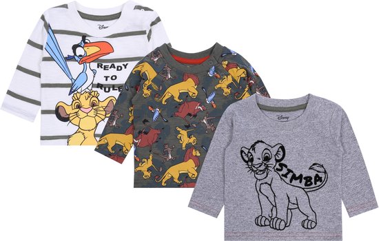 3x shirts met lange mouwen voor jongens in grijs, beige en kaki kleuren - The Lion King DISNEY / 62