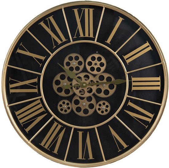 HAES DECO - Grande Horloge Murale 60 cm Or Zwart - Horloge Radar à Engrenages Tournants - Klok en Métal et Bois - Cadran Chiffres Romains - Horloge Murale Ronde Horloge à Suspendre Horloge de Cuisine