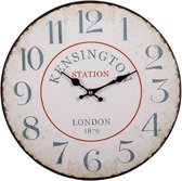 HAES DECO - Wandklok 34 cm Vintage Wit met tekst Kensington Station - Wijzerplaat met Cijfers - Ronde MDF Klok - Muurklok Hangklok Keukenklok
