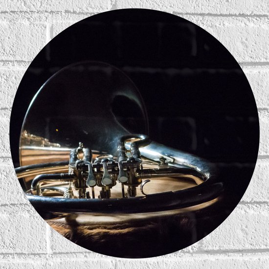 Foto: Muursticker cirkel liggend gouden blaasinstrument tegen zwarte achtergrond 40x40 cm foto op muursticker