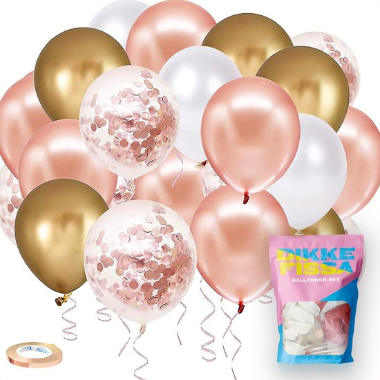 Dikke Fissa® 60 Stuks - Rose gold, Goud Wit, Roze Papieren Confetti Latex Heliumballonnen - Decoratie voor Babyshower, Verjaardag en Huwelijk.