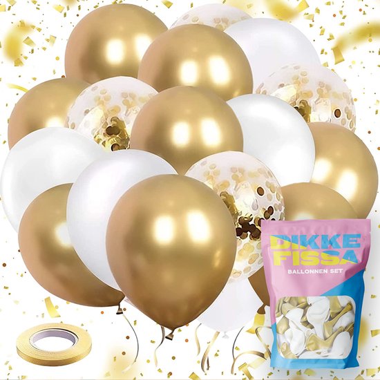 Dikke Fissa® 70 stuks Goud & Wit Ballonnen met Papieren Confetti – Verjaardag, Bruiloft Decoratie, Babyshower Versiering – Latex & Helium geschikt