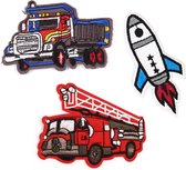 set patches stoer voertuigen - opstrijk embleem - patch brandweer - patch raket - patch vrachtwachten - patch truck