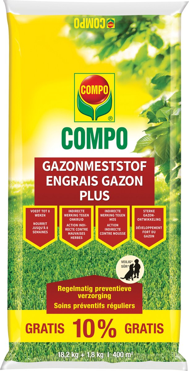 COMPO Gazonmeststof Plus - met indirecte werking tegen onkruid en mos - voedt tot 8 weken lang - zak 18,2 kg + 1,8 kg gratis (400 m²)