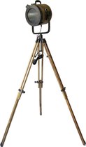 VINTAGE INDUSTRIELE STUDIO LAMP OP STATIE - RETRO SPOTLIGHT - MANGO HOUT MET ZWART METAAL - HOOGTE INSTELBAAR
