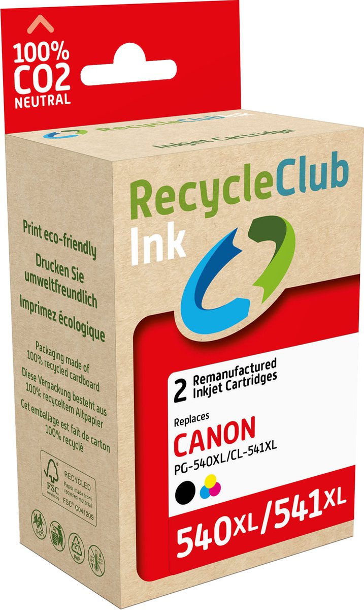 RecycleClub inktcartridge - Inktpatroon - Geschikt voor Canon - Alternatief voor Canon PG-540XL Zwart 23ml en CL-541XL Kleur 16ml - Duopack - Multipack - 2 stuks