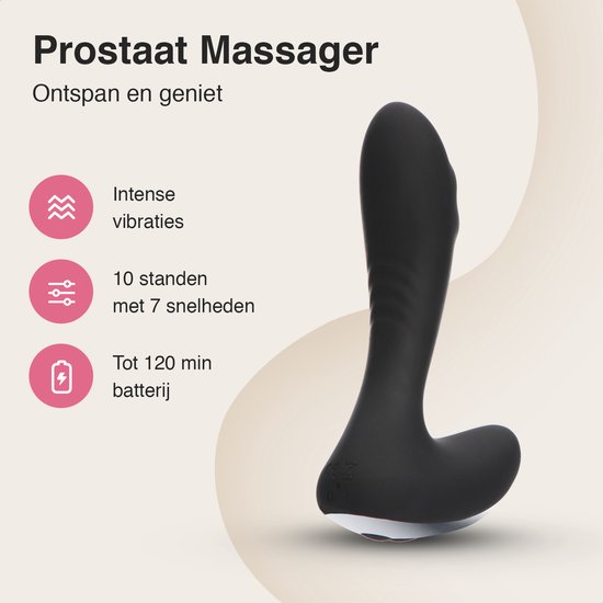 Zwart prostaatmassager met gebogen uiteinde. 10 standen, 7 snelheden, 120 min batterij.