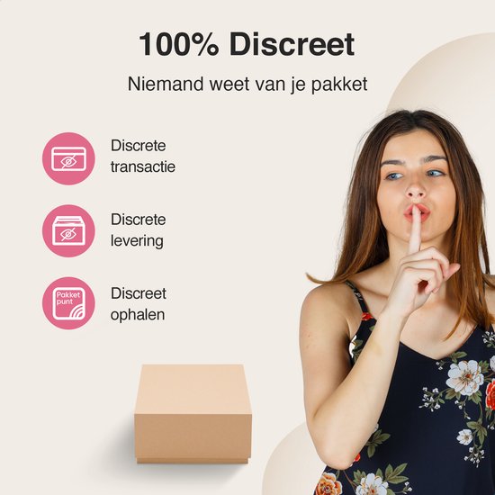 Vrouw met vinger op lippen, naast een gesloten bruine verpakking. 100% discreet.