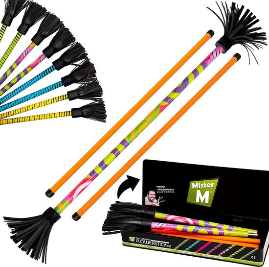 Mister M® Flowerstick Set: ultieme jongleer- en stokkenkit, opvouwbaar, online video en geschenkdoos. (Multi + Doeken)