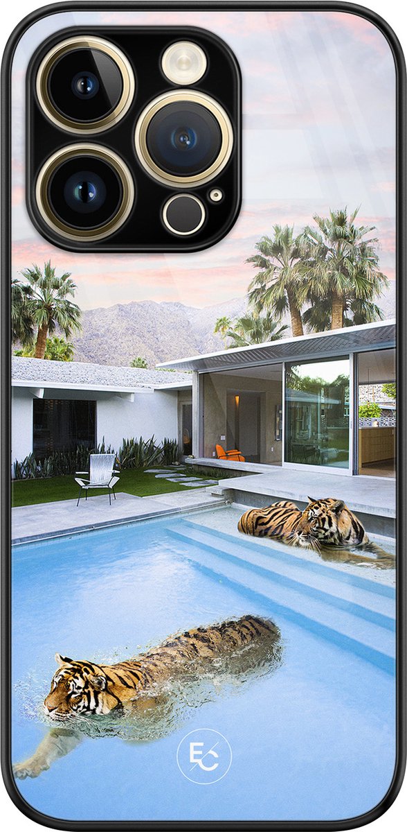 Hoesje geschikt voor iPhone 14 Pro - Tijger zwembad - Luxe Hard Case - Print - Blauw - ELLECHIQ
