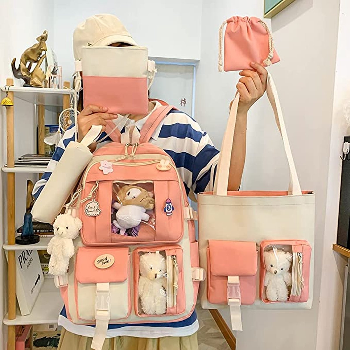 Sac à dos Kawaii léger Academia - Sac à dos esthétique avec broche Kawaii  et vaches d'ours - Grande capacité - Fournitures d'école - Sac à dos pour  la