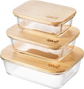 Glazen voedselopslagcontainers (set van 3), milieuvriendelijke voedselcontainers met bamboe deksels, stapelbare glazen containers, luchtdichte lunchbox (met 3 elastische banden)