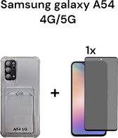 samsung a54 4G/5G siliconen transparant hoesje antischok met pashouder + 1x privacy screen protector samsung galaxy A54 4G/5G antishock backcover doorzichtig achterkant with card holder + 1x privacy tempered glas protectie