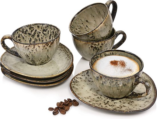 Koffiekopjes set Pompei met schoteltjes, 8-delige set van aardewerk, uniek vintage design, 230 ml