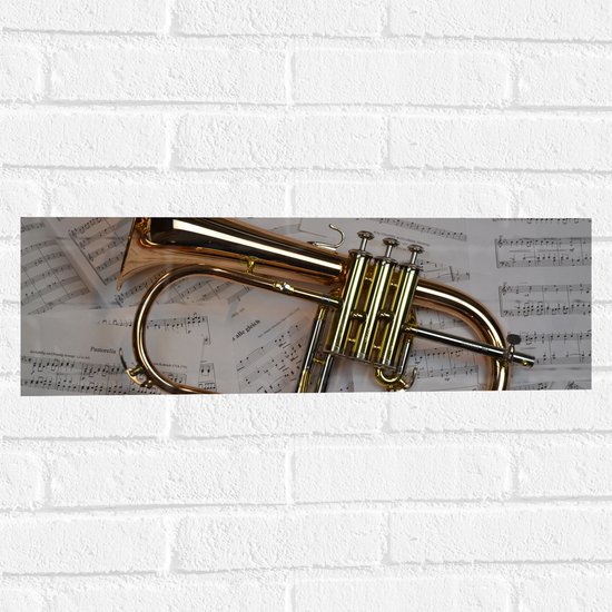 Muursticker - Gouden Trompet op Muzieknoten Bladeren - 60x20 cm Foto op Muursticker