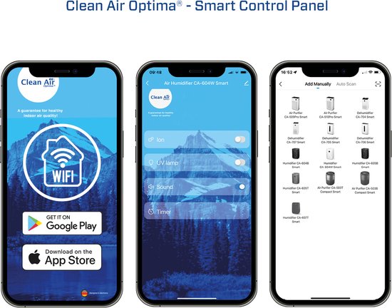 Drie schermafbeeldingen van de Clean Air Optima app, met WIFI-icoon en links naar Google Play en App Store.