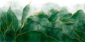 Fotobehang - Vlies Behang - Groene Aquarel Bladeren met Gouden Randen - Kunst - 254 x 184 cm