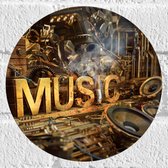 Muursticker Cirkel - Houten Letters met ''MUSIC'' op Machine - 20x20 cm Foto op Muursticker