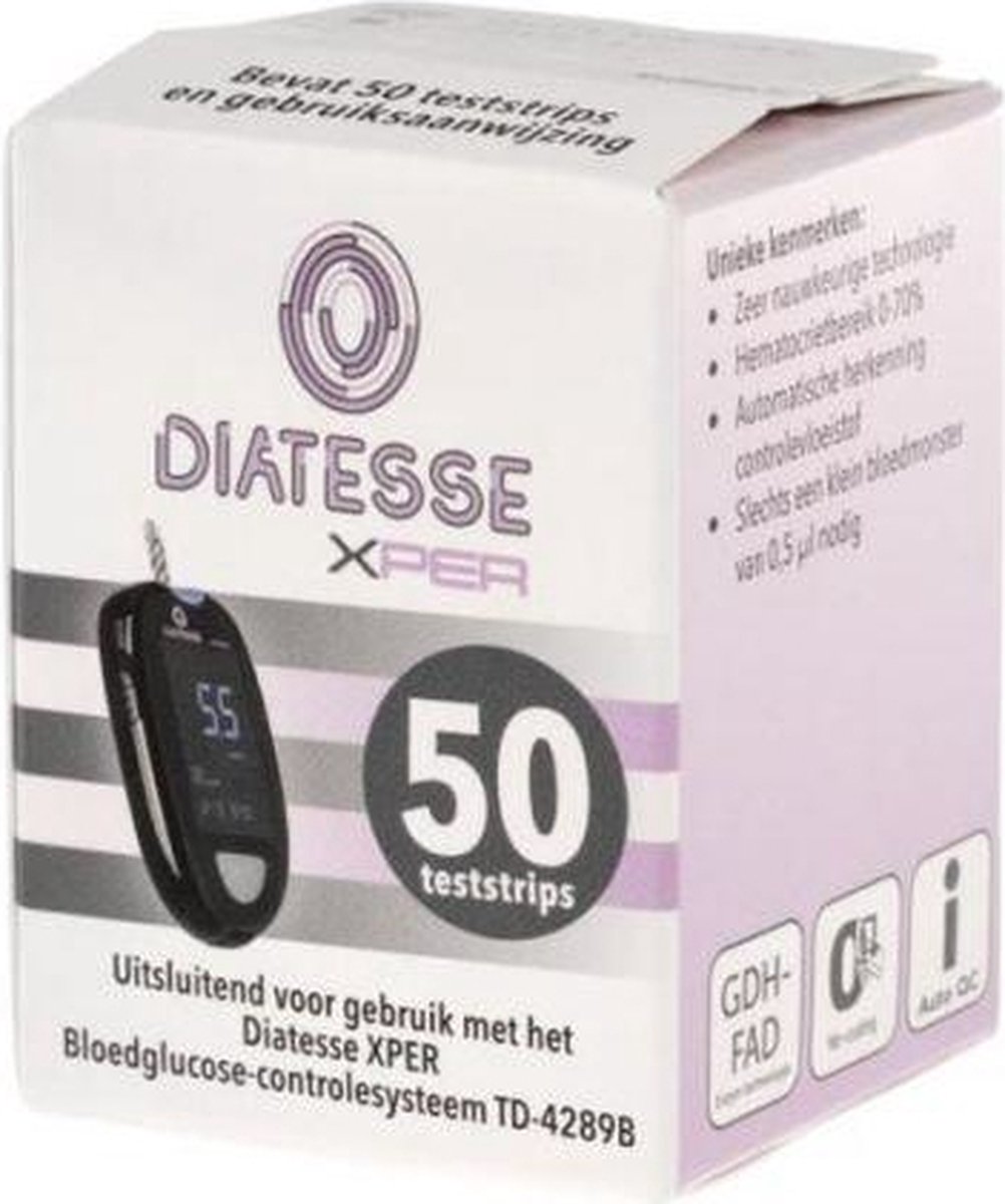 Goedkoopste Diatesse XPER teststrips 50 stuks Diatesse - Capillair volbloed testen - De voorzijde van de bloedglucose-teststrip moet omhooggericht zijn wanneer u de teststrip in de meter inbrengt.