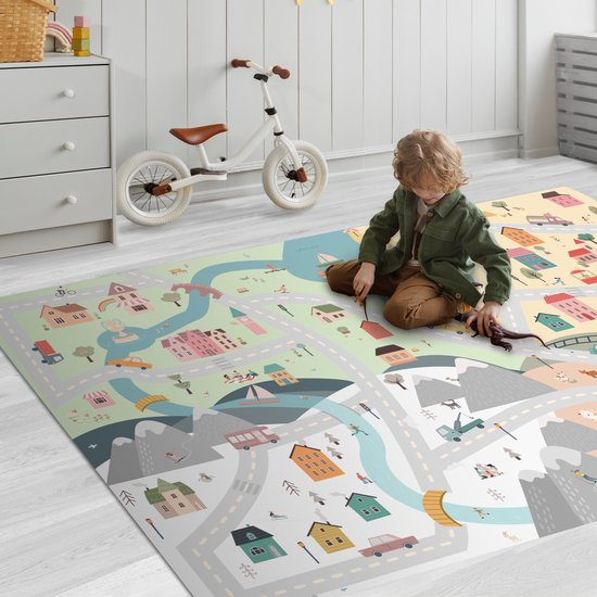 LetsPlaymats® Speelmat baby kinderen - Seizoenen - Stad - Huizen - Weg - Kinderen - Auto - Speelkleed van vinyl - Speeltapijt - Antislip - 180x120 cm van LetsPlaymats® — afbeelding 2