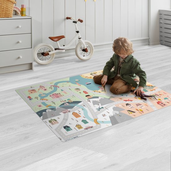 LetsPlaymats® Speelmat baby kinderen - Seizoenen - Stad - Huizen - Weg - Kinderen - Auto - Speelkleed van vinyl - Speeltapijt - Antislip - 105x70 cm van LetsPlaymats® — afbeelding 2