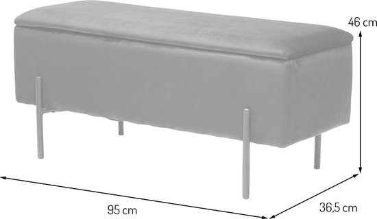 Grijze hocker met afmetingen: 95 cm lang, 36,5 cm breed, 46 cm hoog.