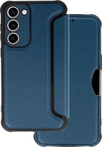 Case2go - Telefoonhoesje geschikt voor Samsung Galaxy S23 Plus - Razor Carbon Book case - Marine Blauw